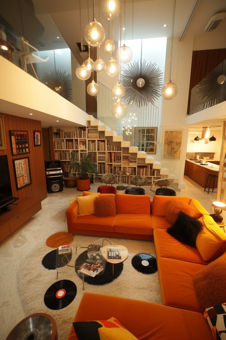 70s-style living room with high ceilings and orange extension