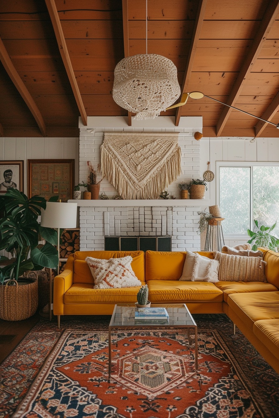 70s style boho living room with macrame wall art