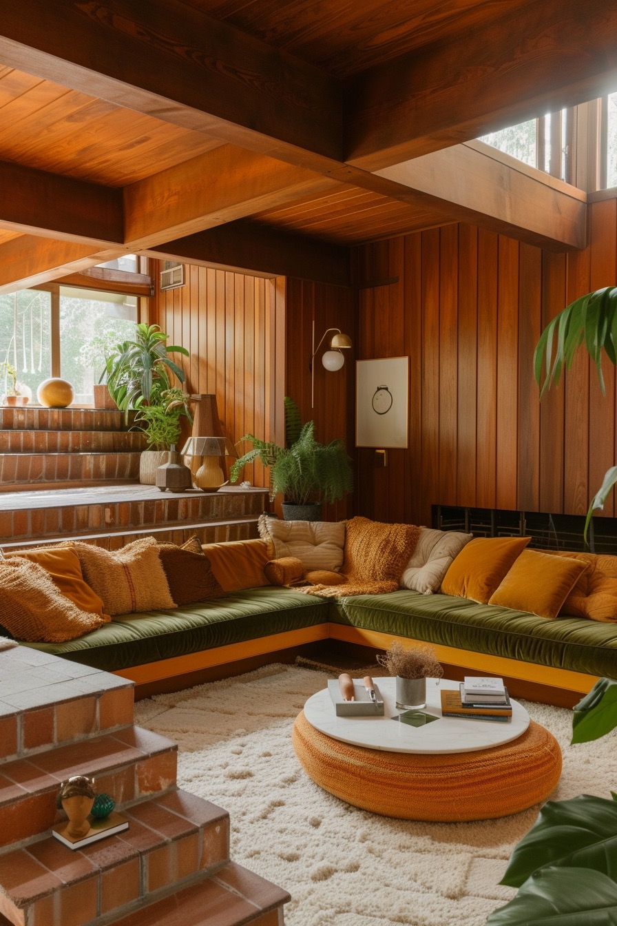 70's style conversation pit in green velvet and terracotta accents