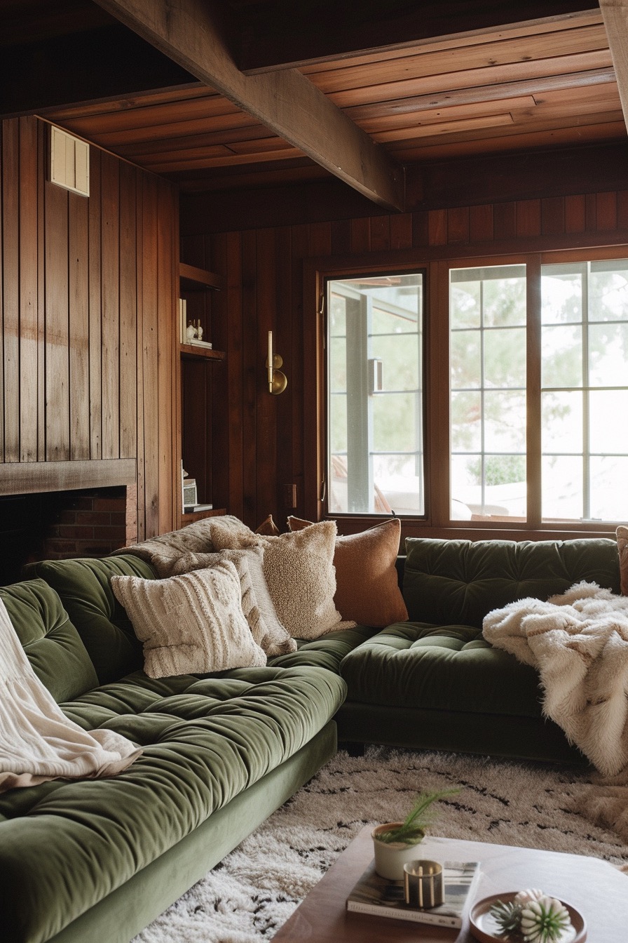 Cozy green living area with wood paneled walls