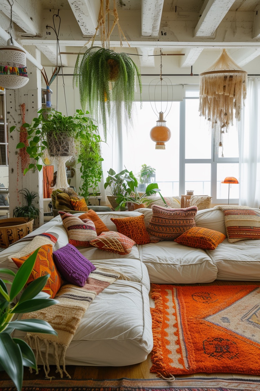 Bright and airy 70s bohemian style living room with hanging plants
