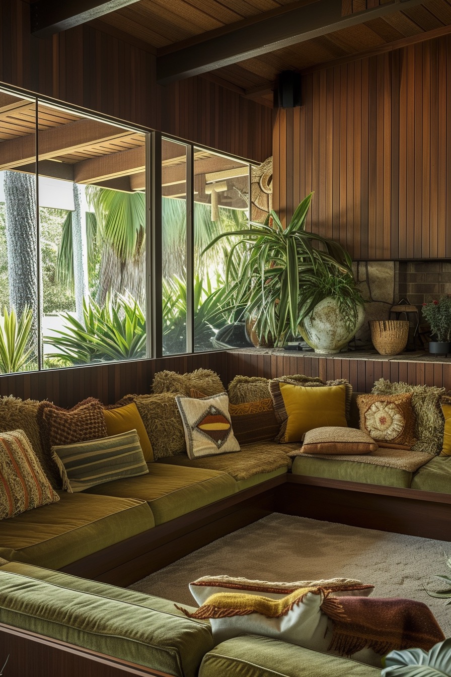 Cozy tropical conversation spot in wood and sage green