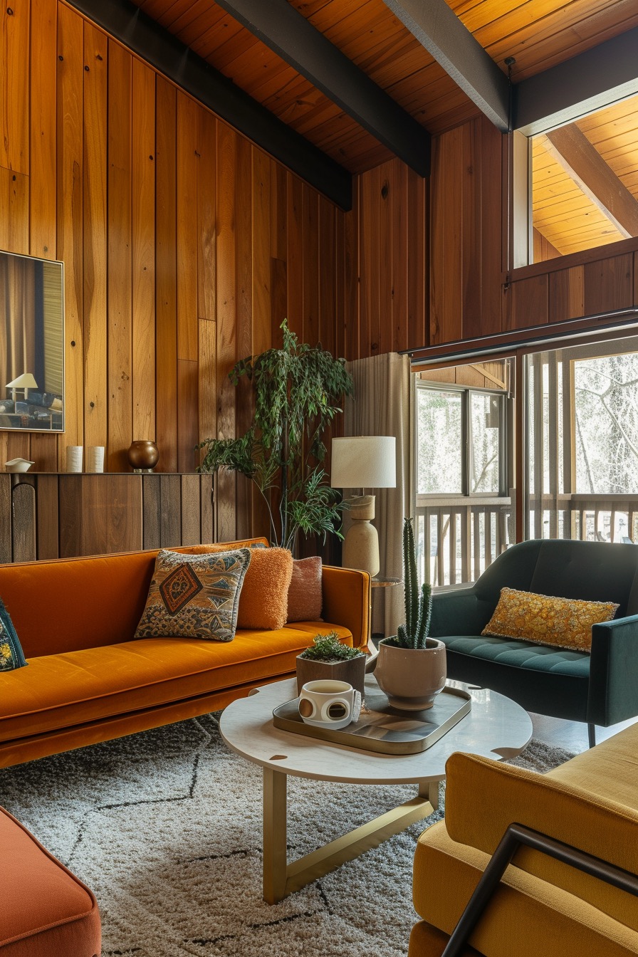 Simple 70s style wood paneled living room with mix and match velvet furniture
