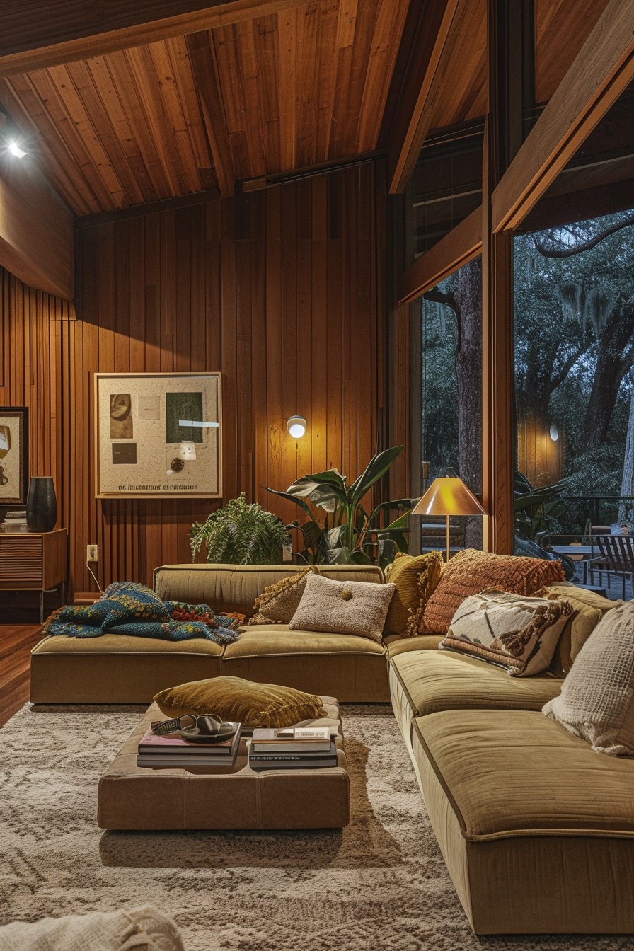 Atmospheric, wood-paneled living room with cozy earth tones and floor-to-ceiling windows