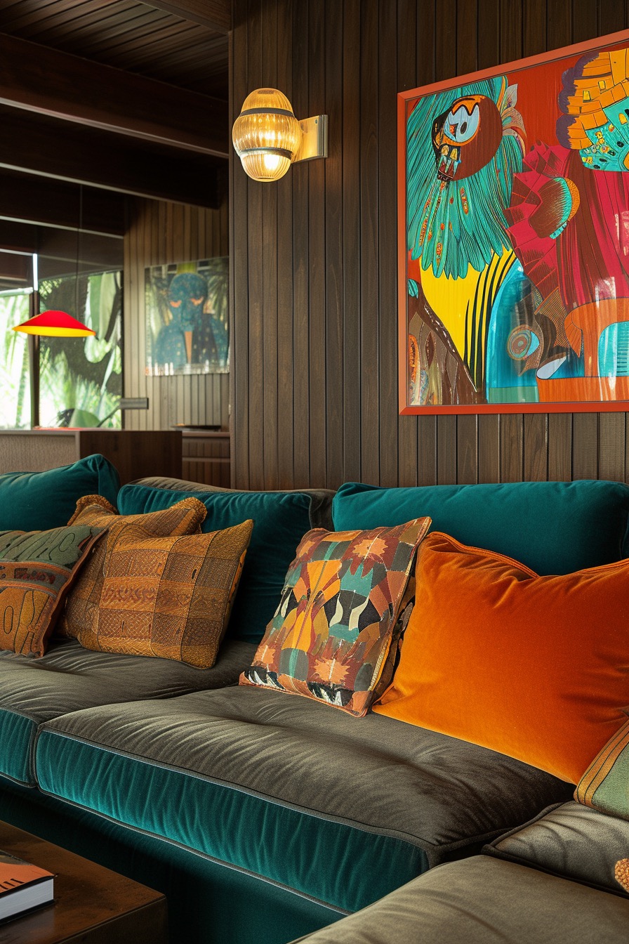 Funky colorful 70s style living room in blue and orange