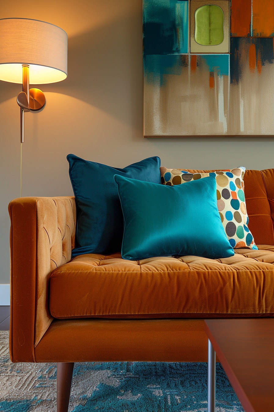Simple modern blue and orange living room with orange velvet couch