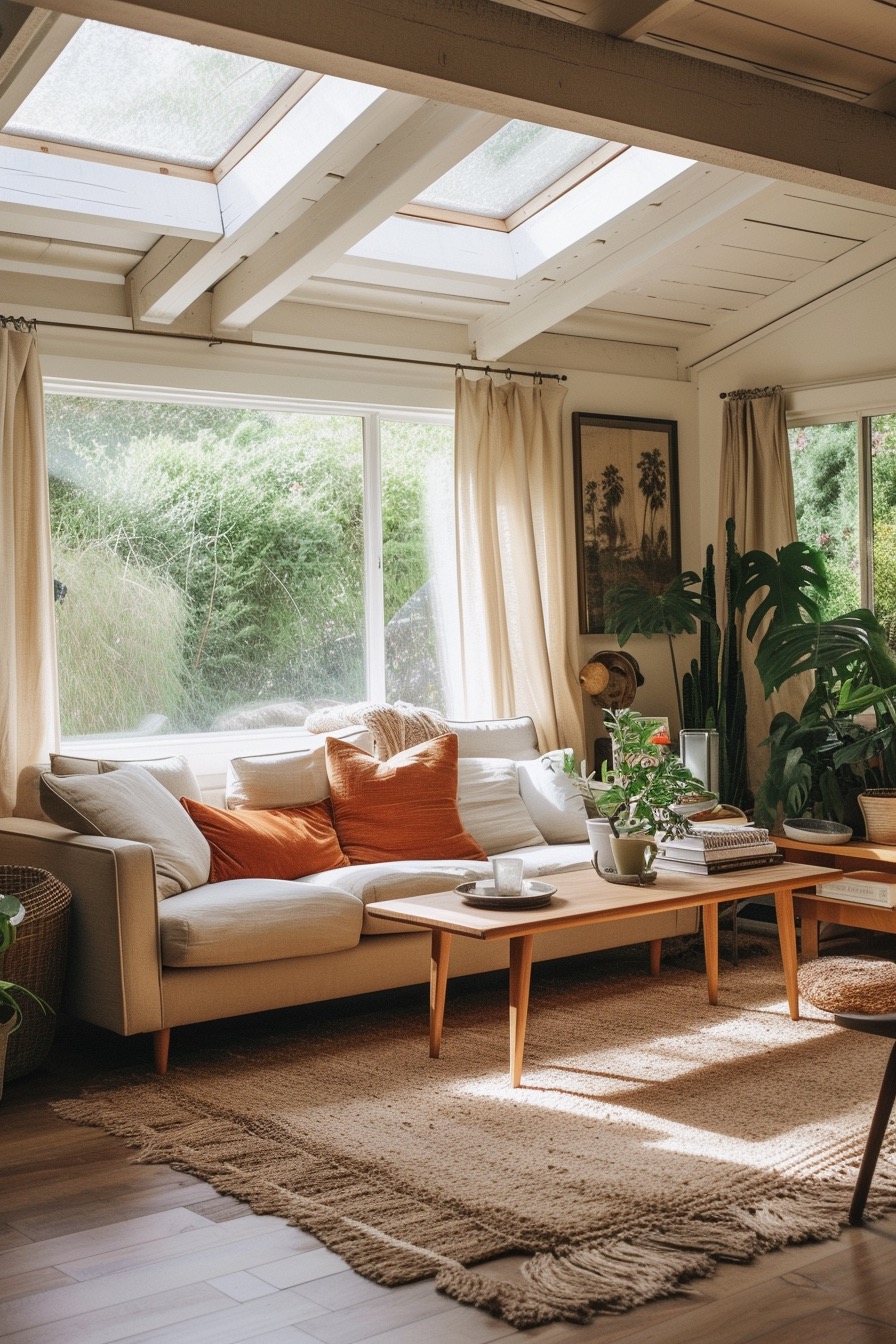Bright and airy 70s style living room with skylight and natural light