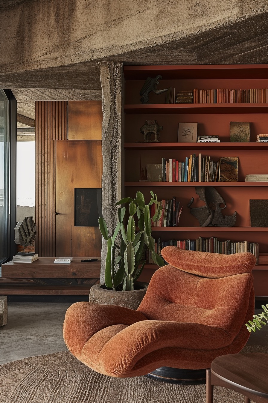 Cozy desert-inspired reading nook with terracotta bookshelves