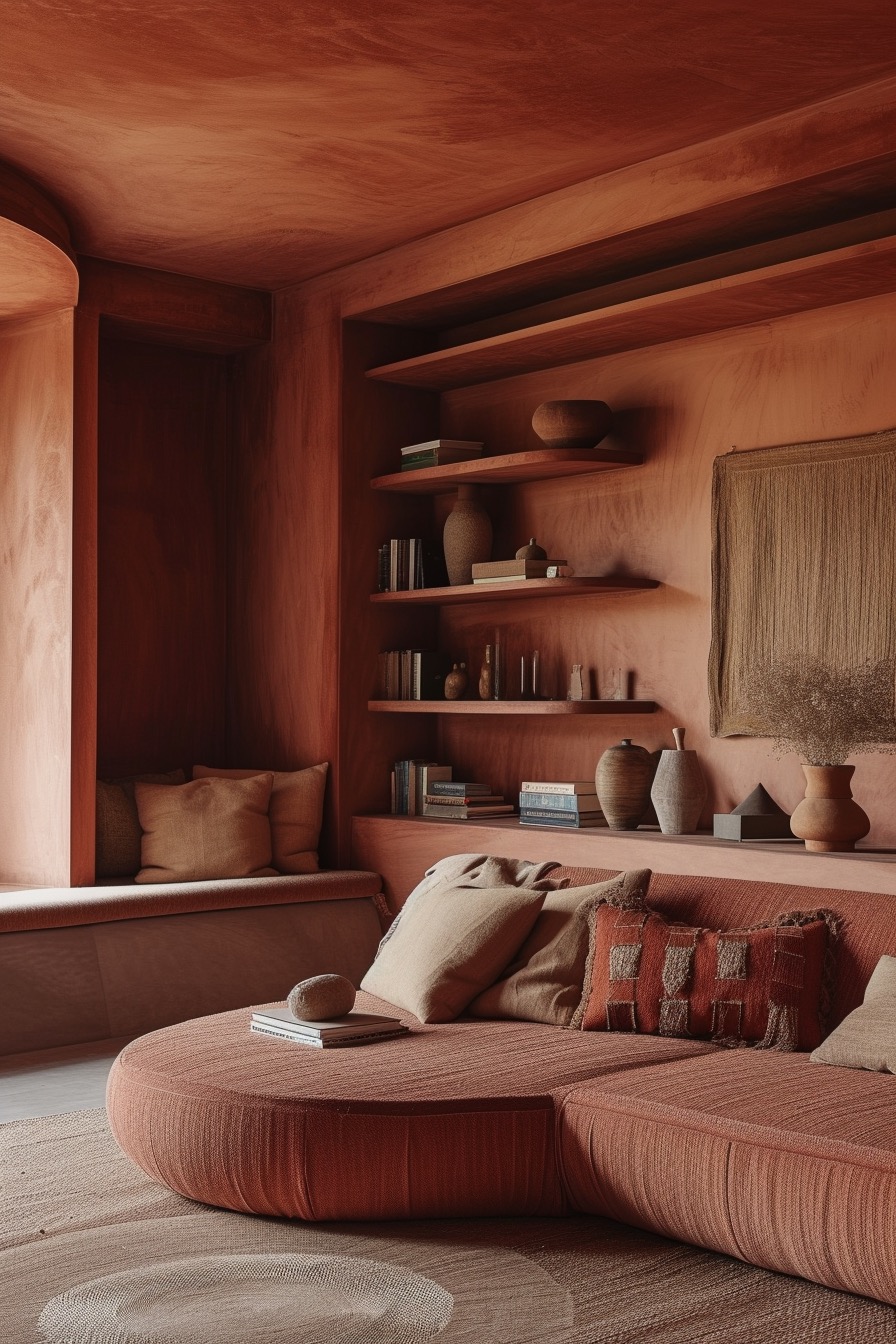 Terracotta living room with built-in addition and ceramic accents
