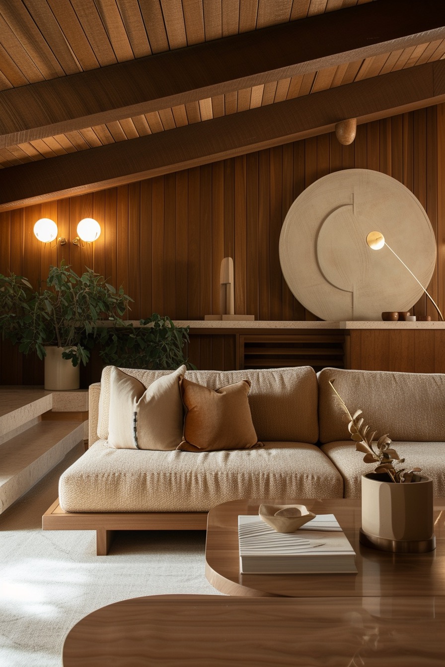 Minimalist 70s inspired living room made of wood and beige