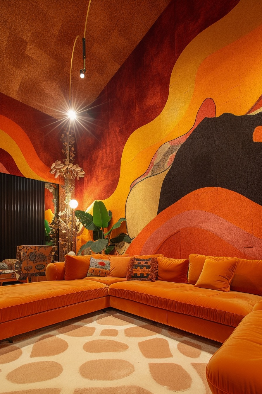Atmospheric bright orange 70s living room with textured photo wallpaper
