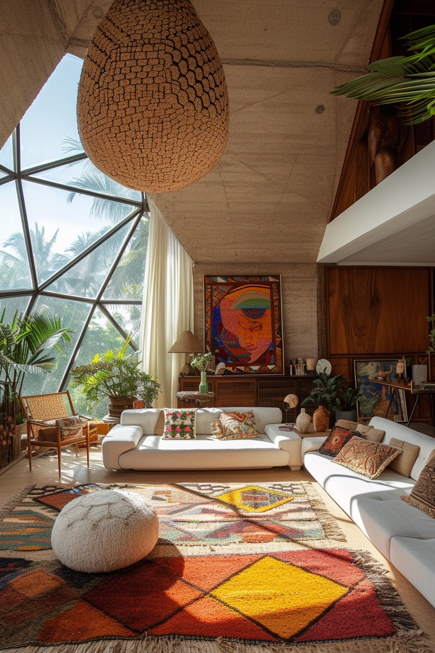 Large boho geodesic dome inspired living room with organic textures and colorful patterns