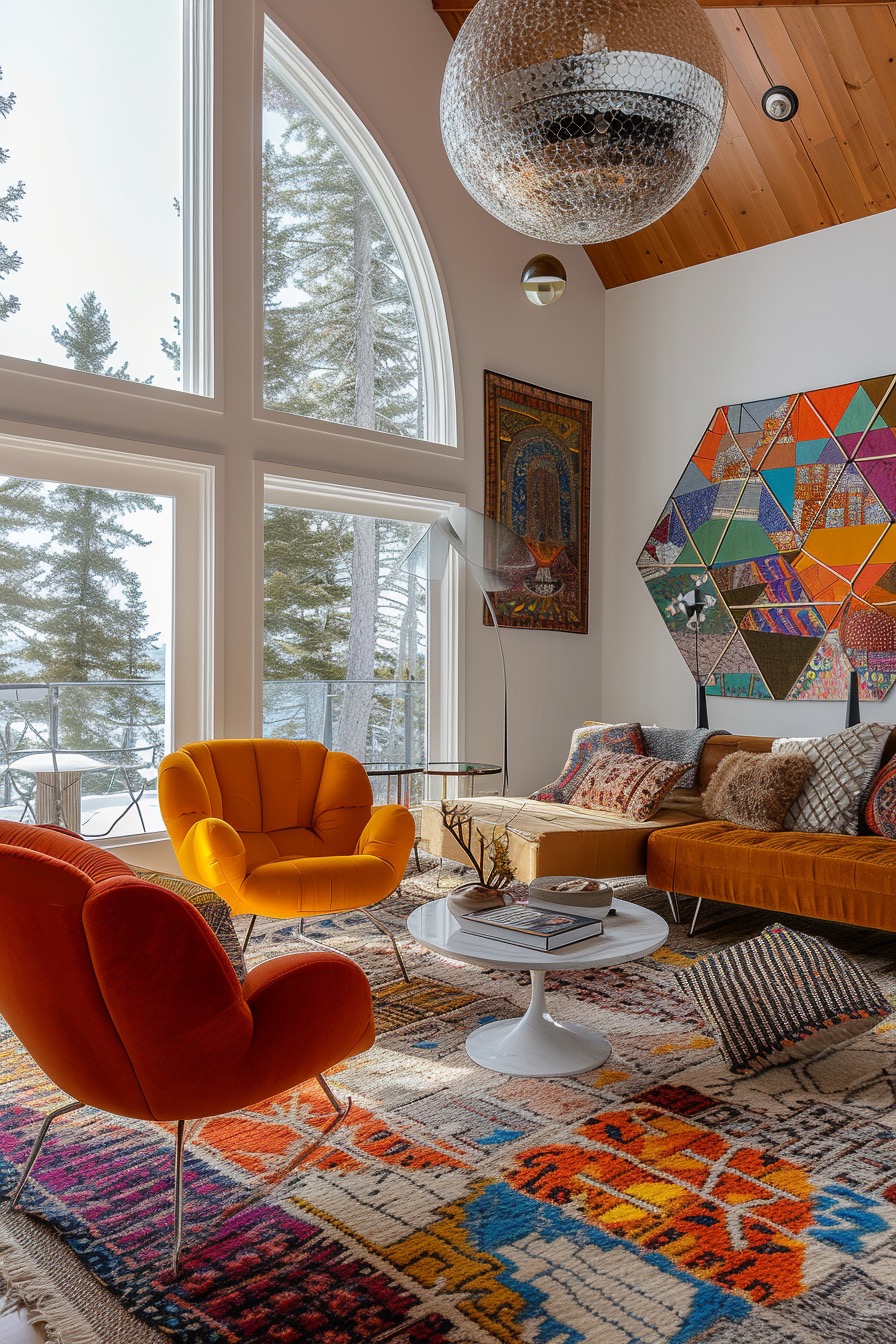 70s-style living room with disco ball chandelier, colorful decor and large arched windows