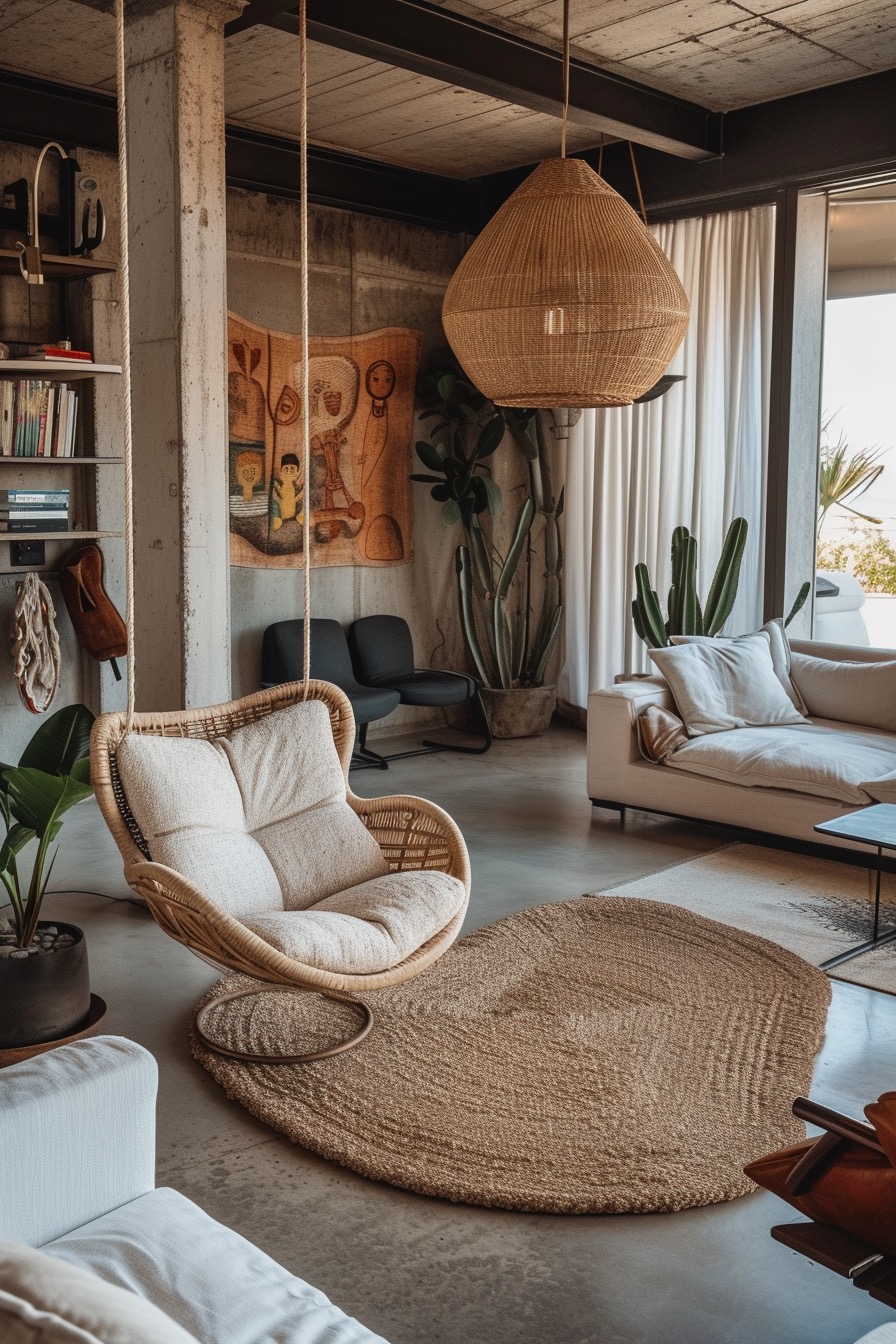 Neutral desert-inspired space with rattan accents and hanging chair