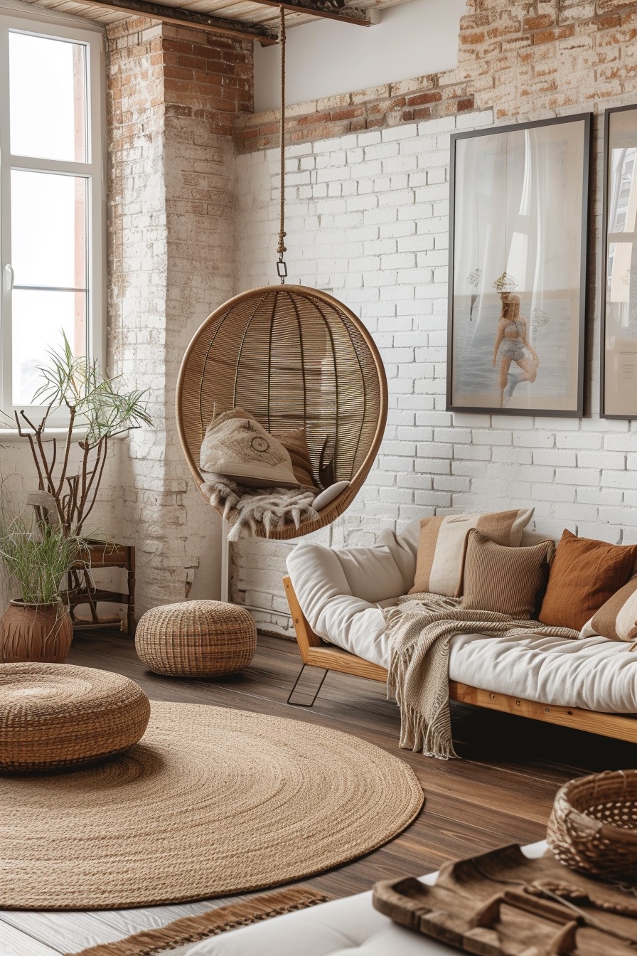 Modern 70's inspired loft space with organic jute textures