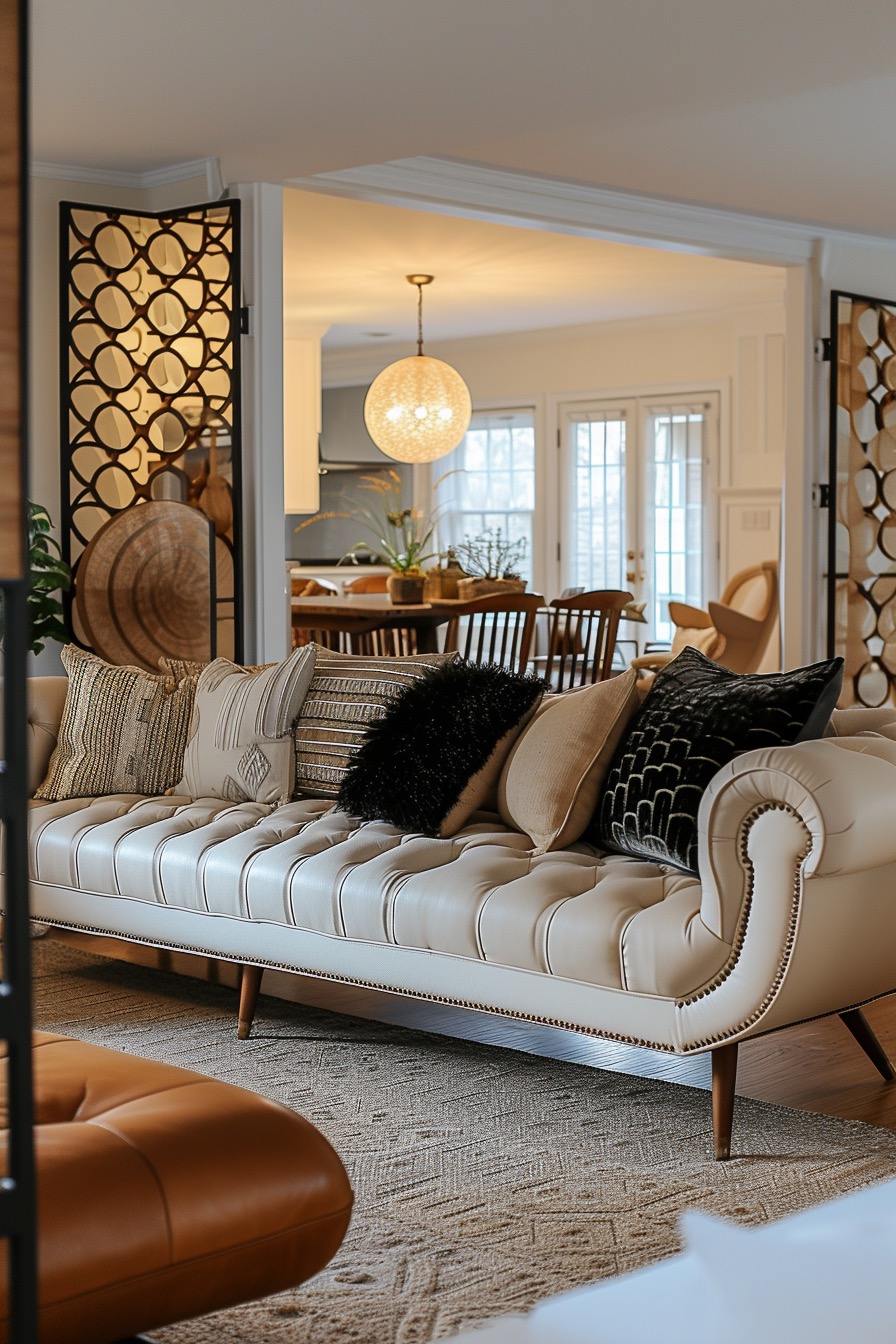 70s beige, black and gold style living room with textured accent pillows