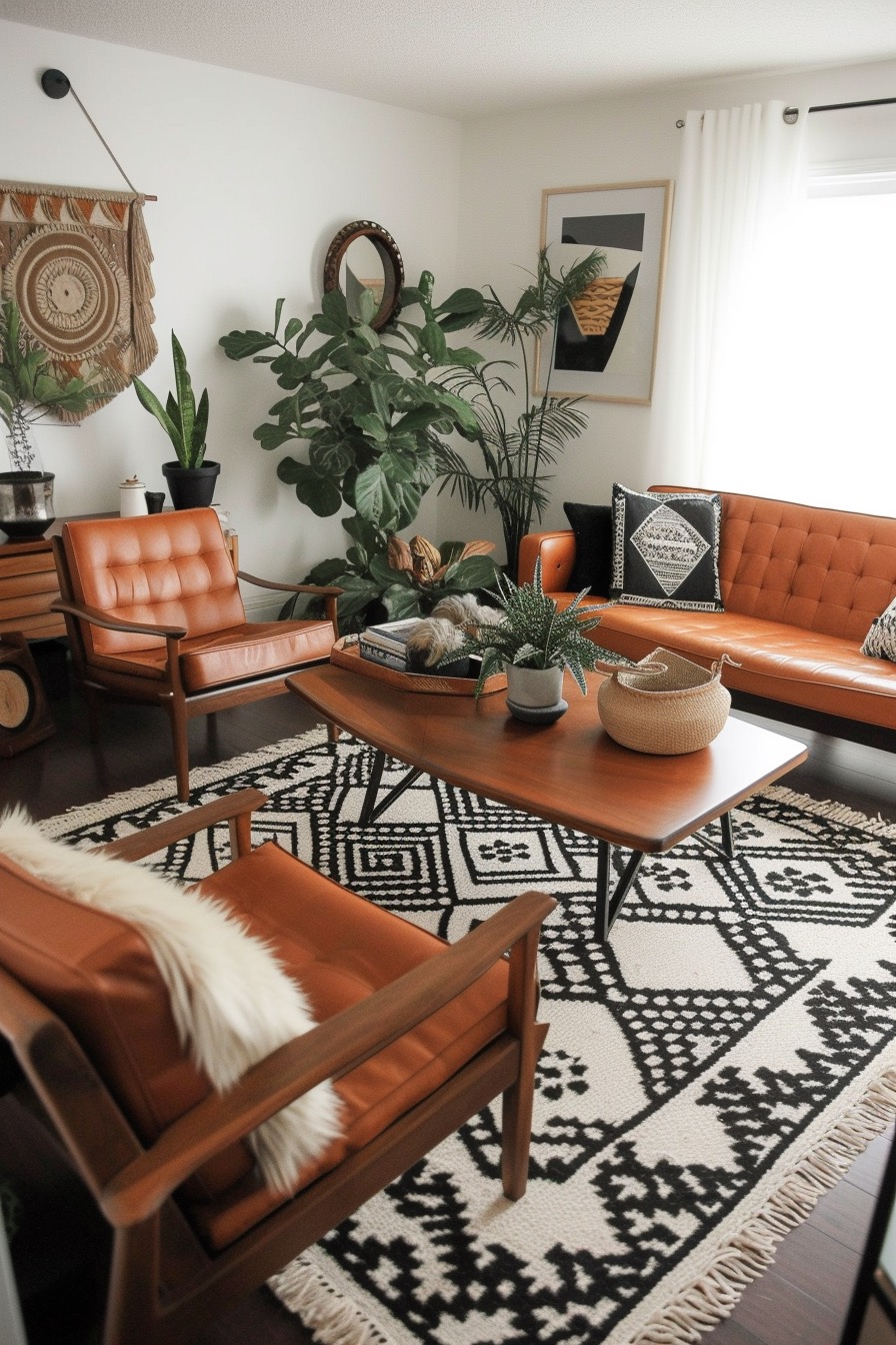 70s-style boho living room with black and white patterned carpet and plants