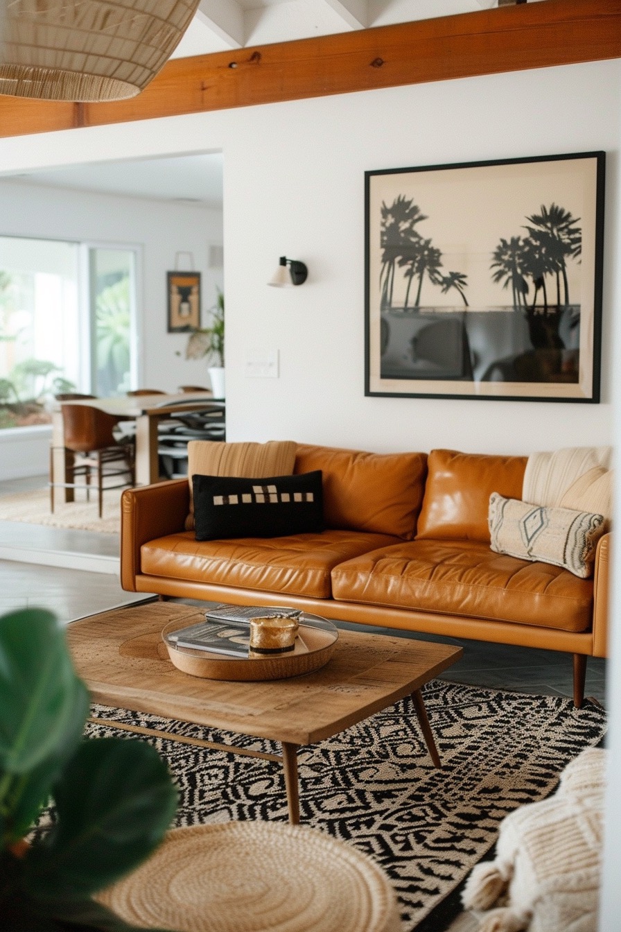 Caramel leather couch with California-inspired black and white artwork