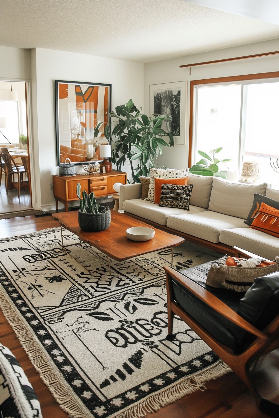 Mid-century 70s style living room with large wooden coffee table and patterned rug