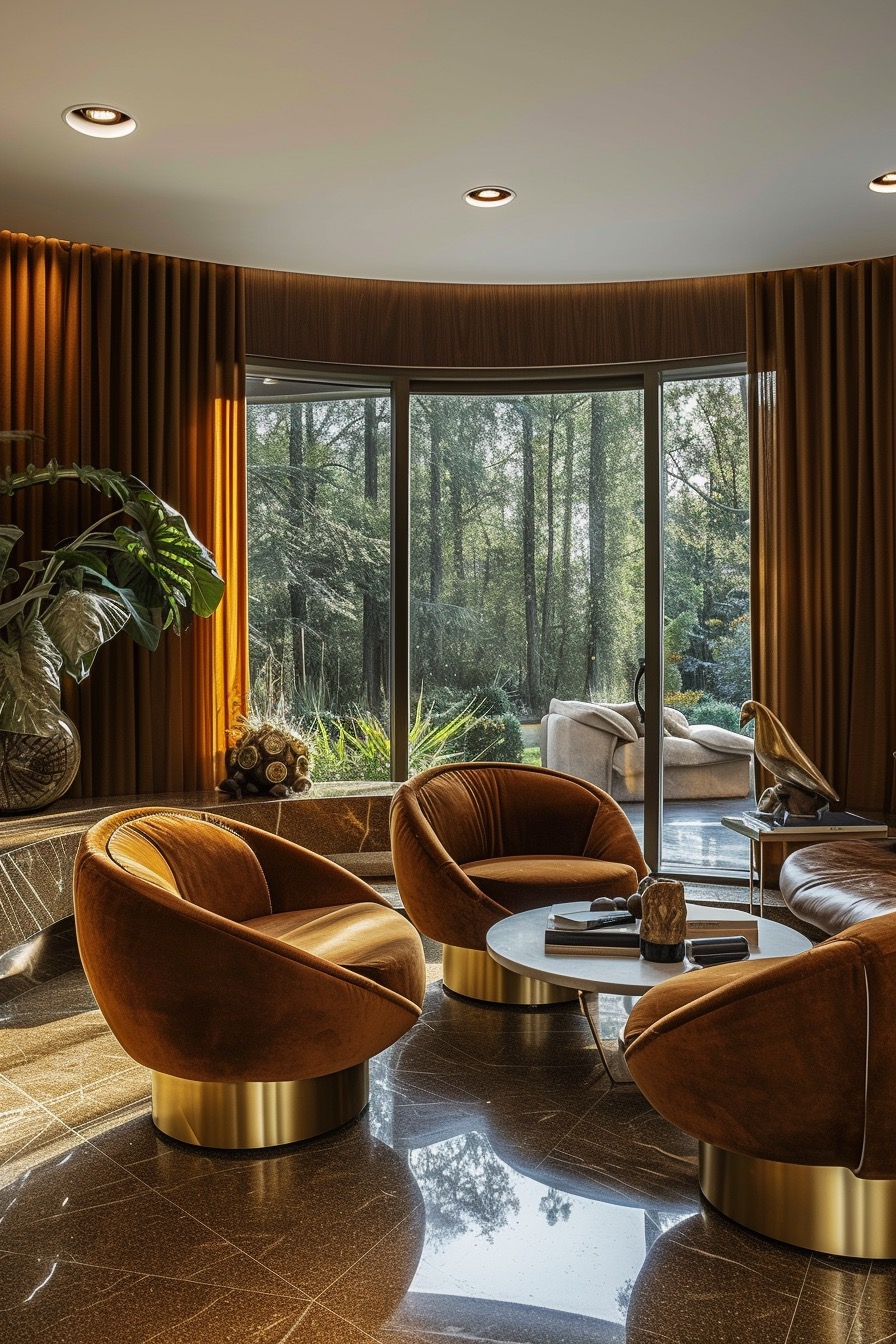 '70s-style indoor-outdoor living room with burnt orange swivel chairs