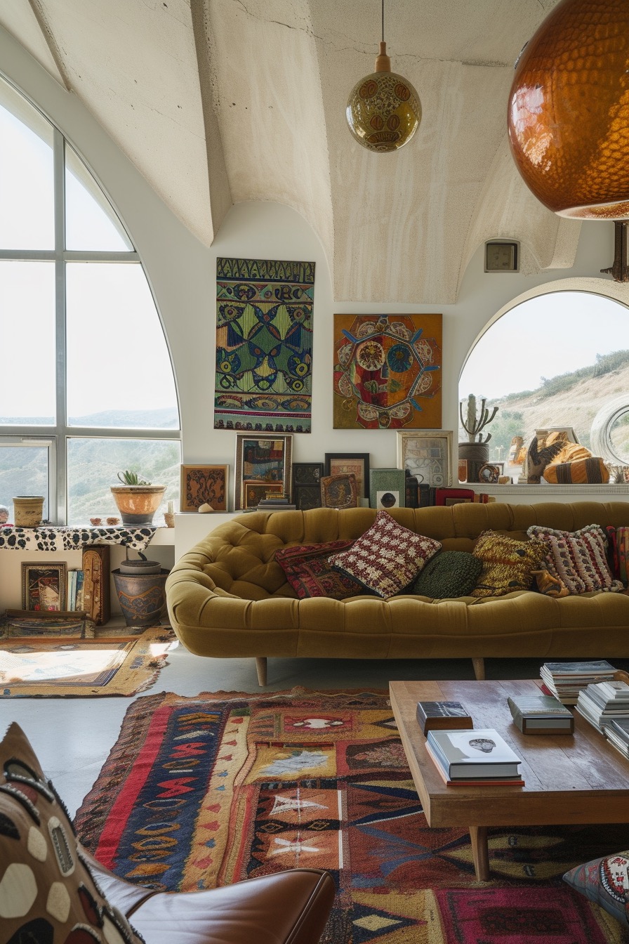 Colorful boho living room in jewel tones with large arched windows