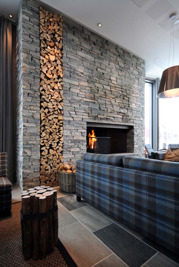 Statement wall with gray stone and logs