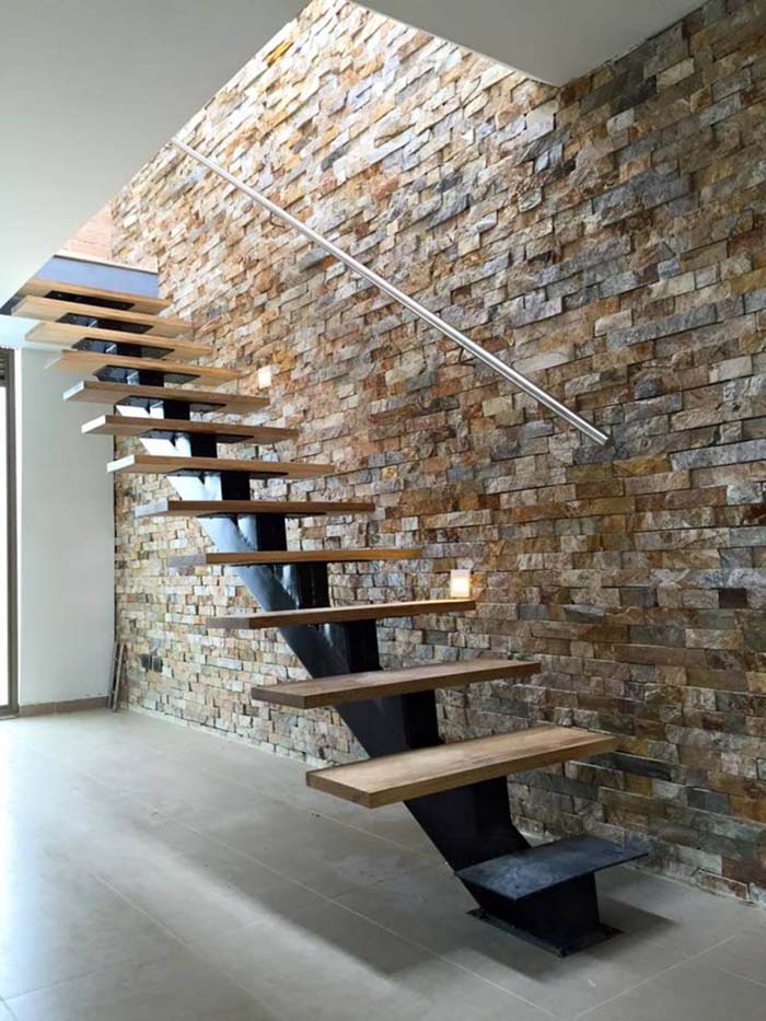 Rustic stair wall with minimalist staircase