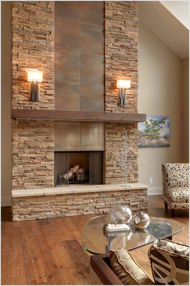 Elegant farmhouse mix wall made of stone, metal and wood