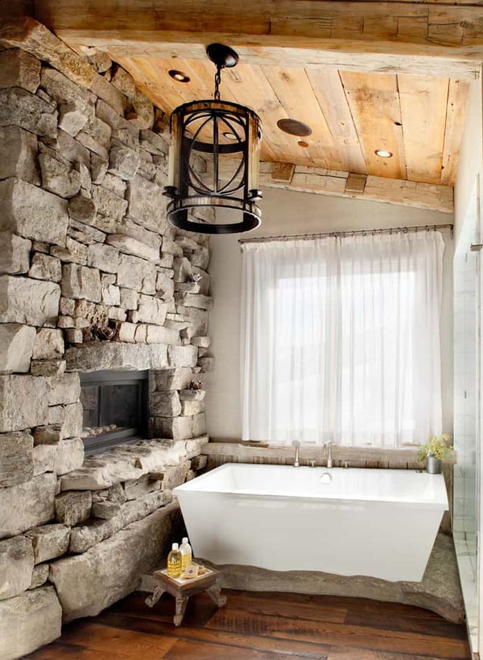 Nature-inspired bathroom decoration with stone and wood