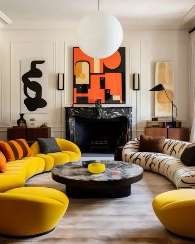 a contrasting living room with a black marble fireplace, two curved sofas and stools, a round coffee table and bold modernist art