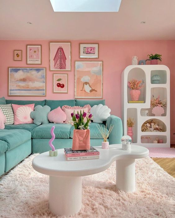 A living room with pastel dopamine decor, pink walls, a green sofa, pastel pillows, a pretty gallery wall and storage space