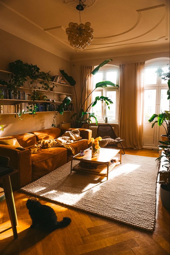 a sun-filled living room with gray walls, a rust-colored sofa, a neutral rug, a tiered coffee table and potted plants