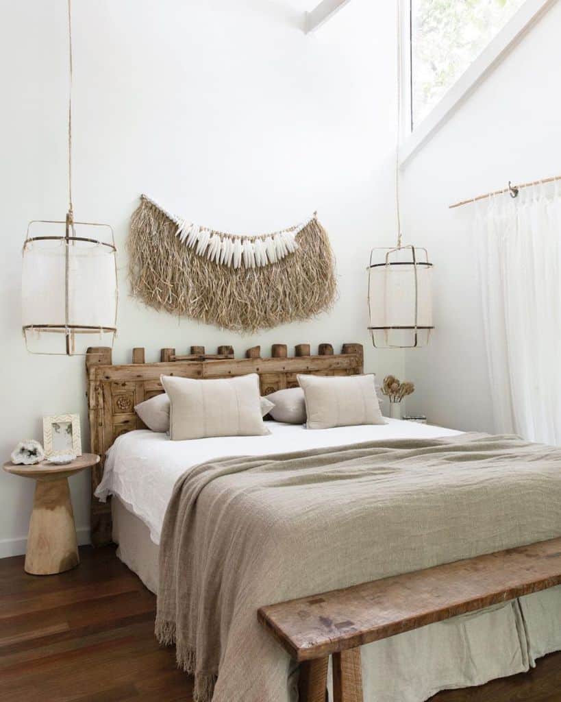 minimalist boho bedroom, wooden bed frame, wooden bench
