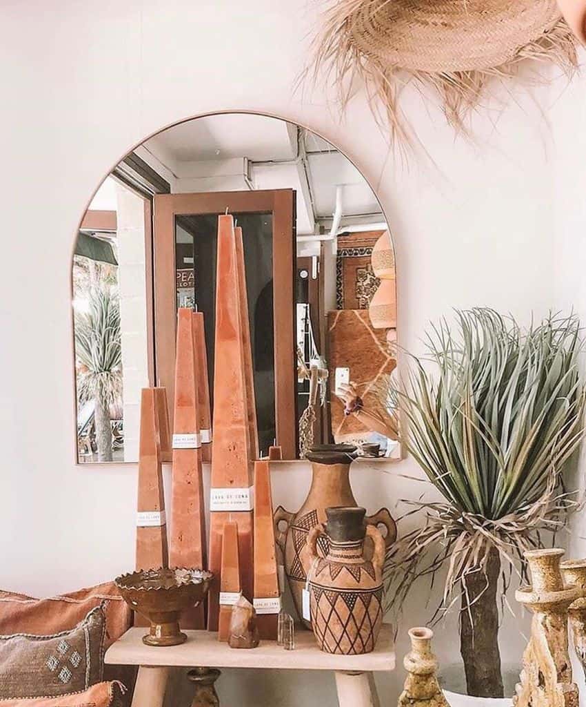 Bohemian bedroom mirror, candles, plants, desert feel 