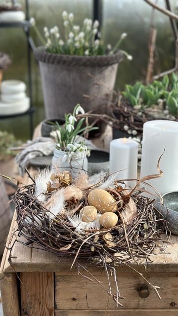 A rustic Easter decoration made of a faux nest with faux eggs and feathers is a cool idea for a rustic space