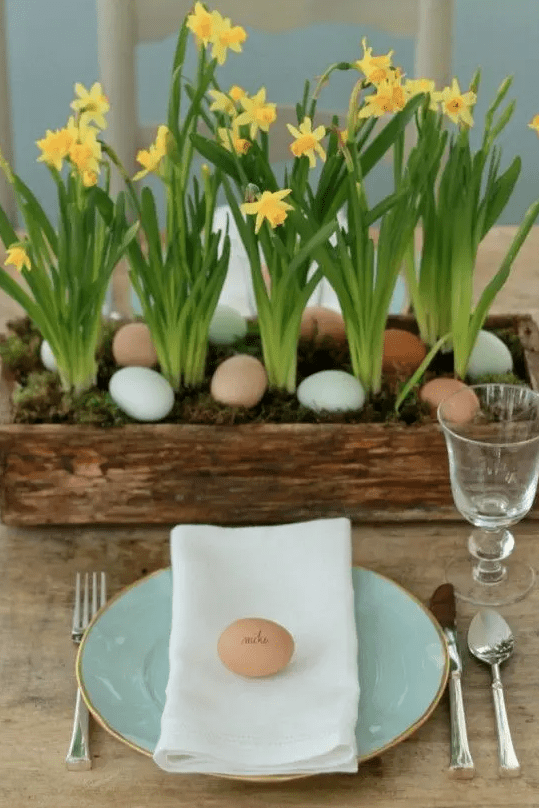 A rustic Easter tablescape with an uncovered table, aqua plates, and a wooden box centerpiece with moss and daffodils is amazing