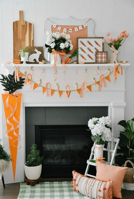 An arrangement of spring banners, two carrot banners and a triangle banner for a bright spring or Easter decoration