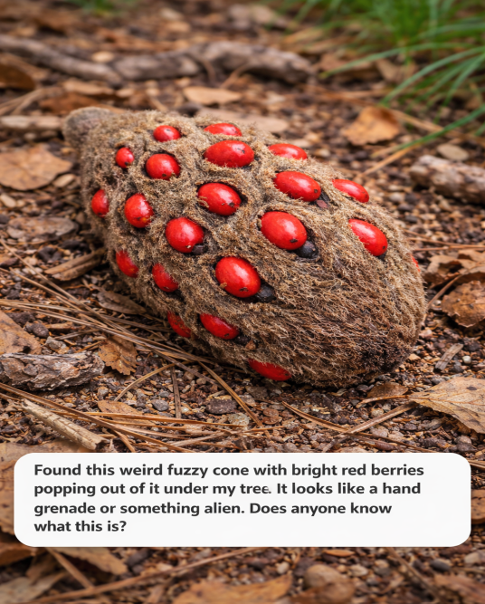 Unusual Garden Discovery: A Fuzzy Cone with Bright Red Berries