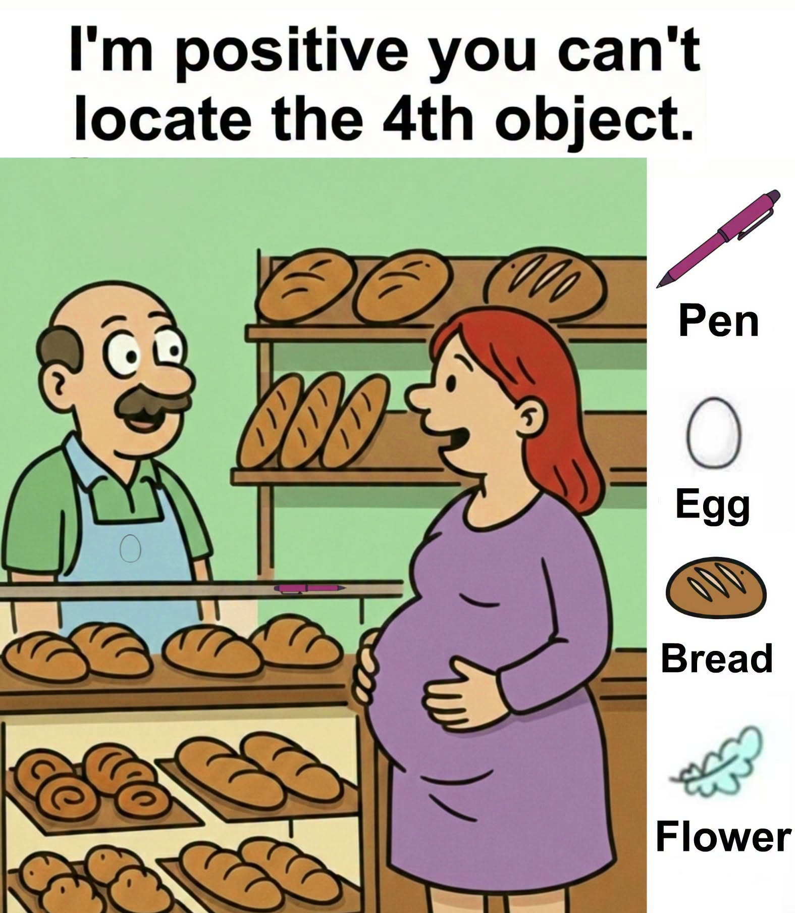 Can You Find the Pen, Egg, Bread, and Flower Hidden in This Picture?